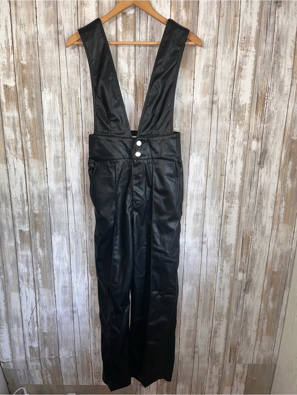 Zara Black Faux Leather Suspender Overall Pants Wide Leg XS NWT - Picture 2 of 7